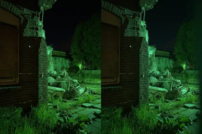 The left side of the image shows a door. The right side shows the rubble. In the background, at some distance, some open space and a tree. All in spooky green light.