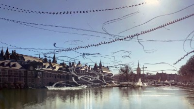 Overlooking the pond of the old parliament building. The sky has a dark trail process, the building and the water have a light trail process. The birds in the sky are black, above the water, they are white. Some trails are double. Those were pairs of jackdaws.