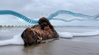 Shot from a very low vantage point, only centimeters above the sand, overlooking the sea. Over a dozen starfish with an “old pink” color, sit on a big rounded block of wood. A foamy wave is coming in, and has just hit the back of the block. Meanwhile, a kitesurfer is passing behind this scene. He leaves a colourful light blue trail. There is also a trail of a seagull, but it is spaced further apart than other trails of birds, because the frame rate is kept low, because that looked better for the surfer.