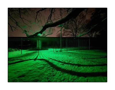 This is a strange photo with a strange mood. For starters, the sky is dusty rose. The forest floor has a thin layer of snow and is lit with a saturated green flood light. Through the middle of the photo, there is a fence running from side to side. It’s a hard to climb fence with vertical slabs, and sharp triangles on top. Behind it is a single layer building. There aren’t many details visible. At the building, a bright green light is shining through the fence. The shades of the fence cause a pattern of stripes of green and black on the snowy forest floor. We can’t see the light directly, because a big horizontal lightly curved branch, coming into the frame from behind us, is blocking it. The forest floor is curved, and this caused the shade of the top of the fence tot curve too. It seems to follow the curve of the branch. This gives the photo a perceived depth that we know does not belong, but works anyway. A second branch more to the right in the back, does the same thing with a different part of the fence. I placed this photo on top, because I like it the best.