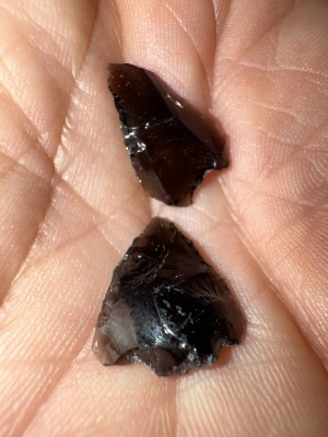Two small 17mm long black arrowheads in the palm of my hand.