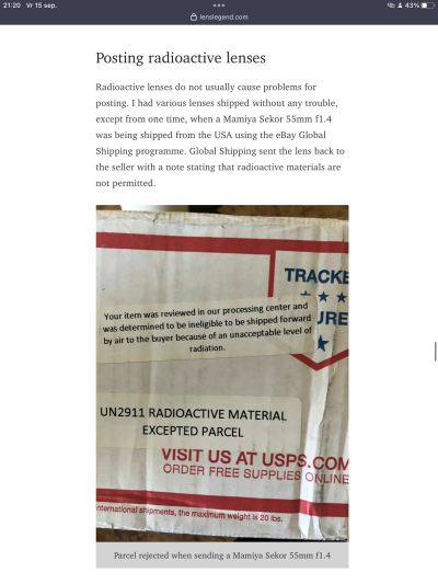 Photo of a parcel with stickers saying that it was rejected because the level of radiation was unacceptable. Imagine being the postman that has to return this parcel. 